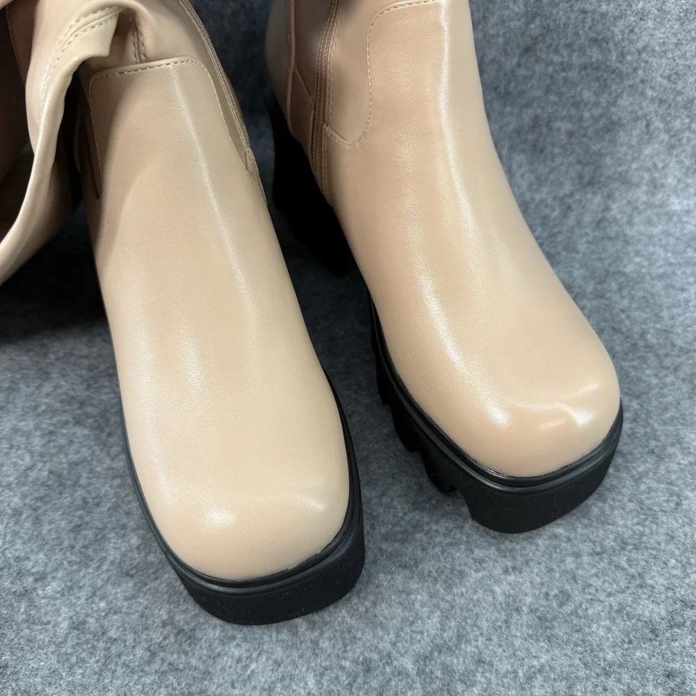 Loverboy Boots Womens 6.5 Over The Knee Block Heel Platform Side Zip Nude Chunky